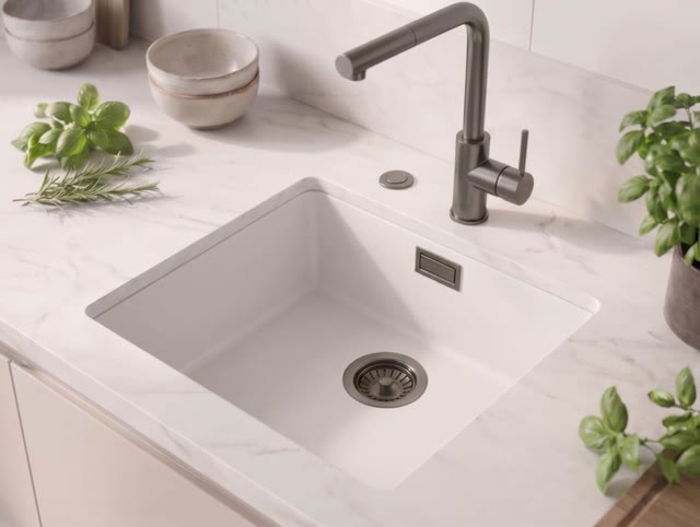 Witte spoelbak 40x40cm onderbouw en opbou met automatische gun metal plug 1208971895