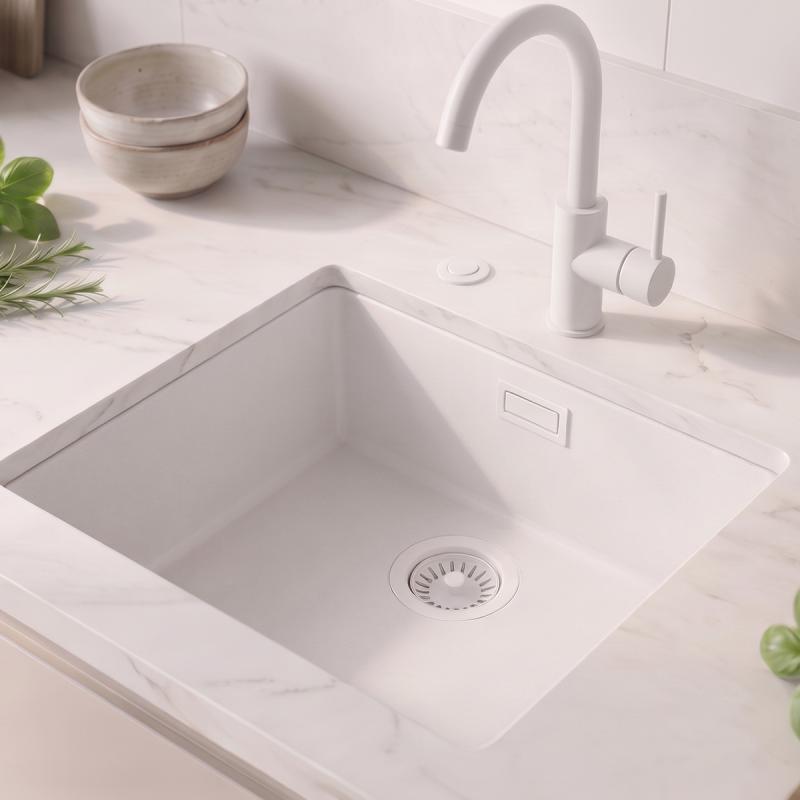 Witte spoelbak 40x40cm onderbouw en opbouw met automatische witte plug 1208971896