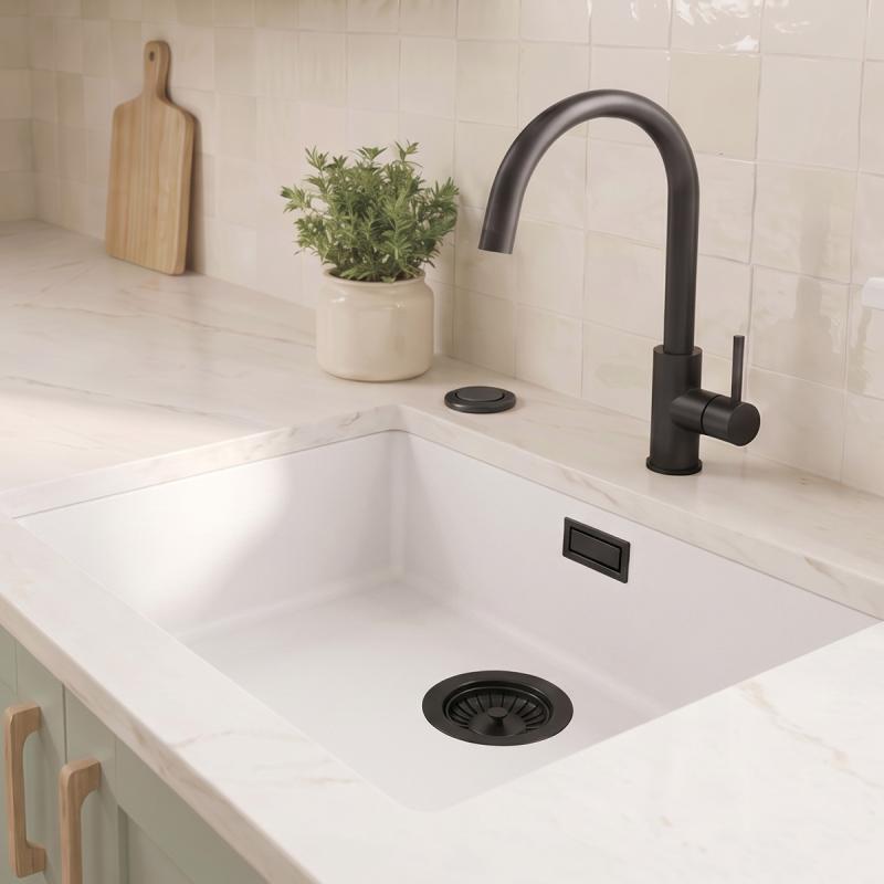 Witte spoelbak 50x40cm onderbouw en opbouw met automatische zwarte plug 1208971899