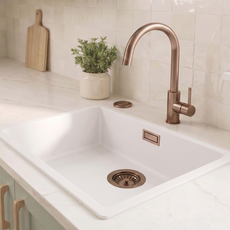 Witte spoelbak 50x40cm onderbouw en opbouw met automatische koperen plug 1208971900