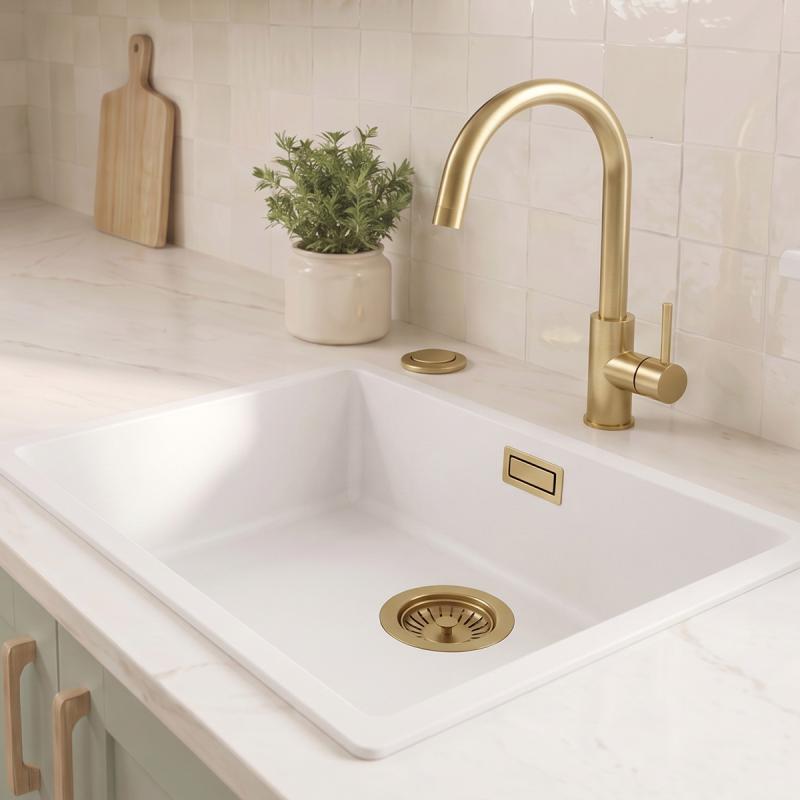 Witte spoelbak 50x40cm onderbouw en opbouw met automatische gouden plug 1208971901