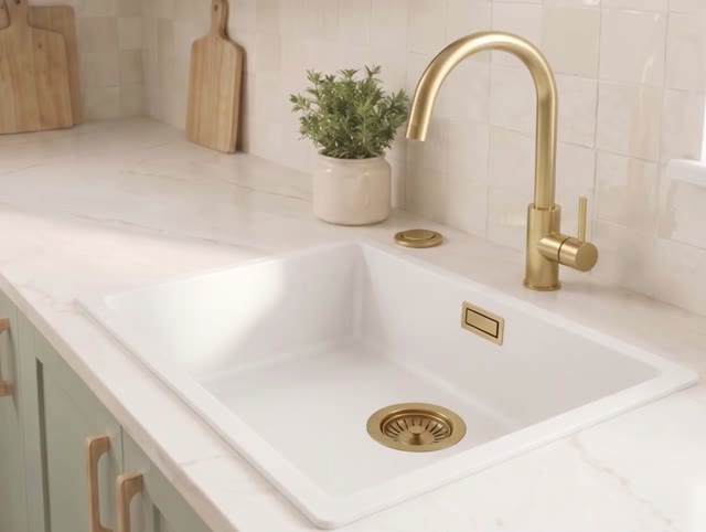 Witte spoelbak 50x40cm onderbouw en opbouw met automatische gouden plug 1208971901