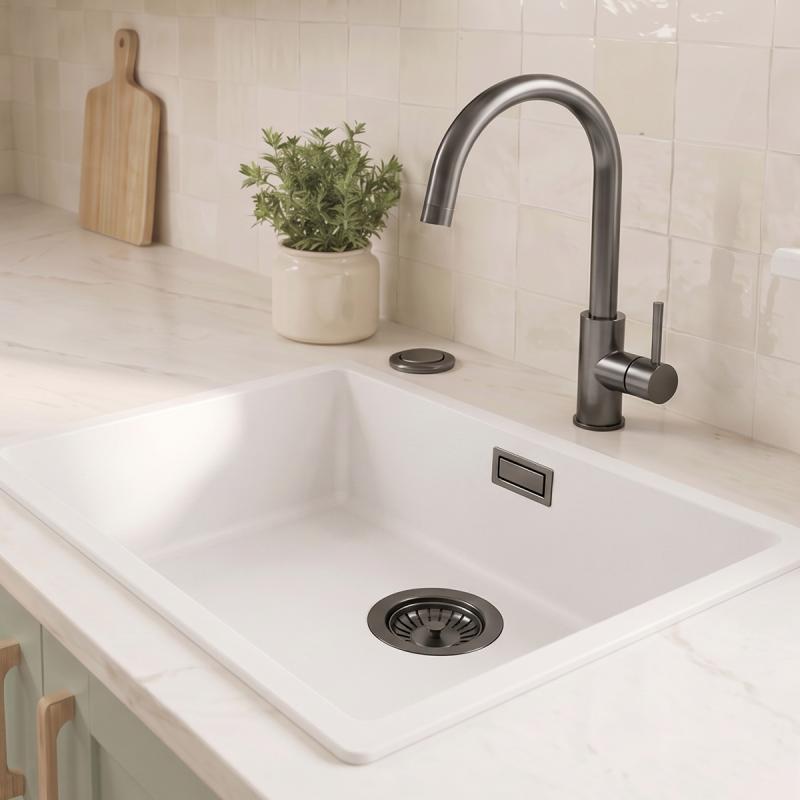 Witte spoelbak 50x40cm onderbouw en opbouw met automatische gun metal plug 1208971902
