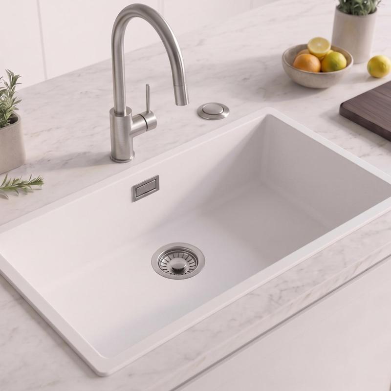 Wit grote spoelbak 70x40cm onderbouw en opbouw met automatische RVS plug 1208971904