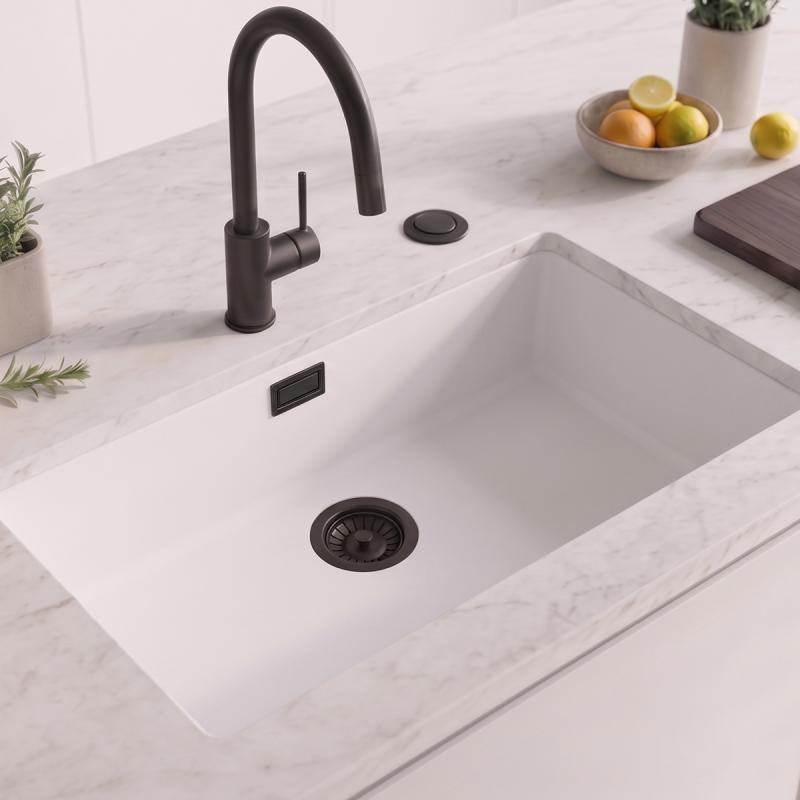 Wit grote spoelbak 70x40cm onderbouw en opbouw met automatische zwarte plug 1208971905