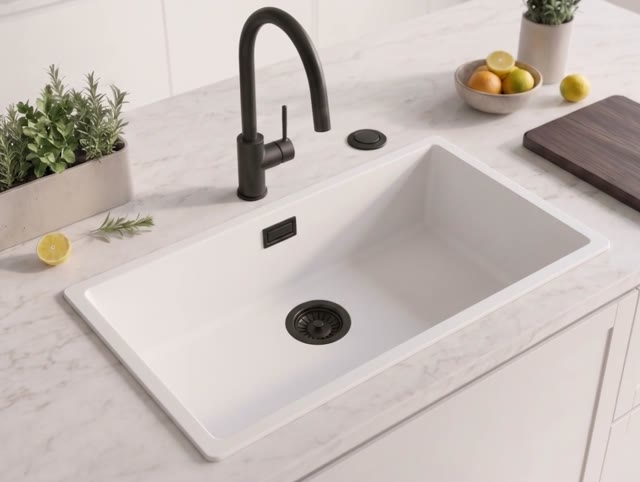 Wit grote spoelbak 70x40cm onderbouw en opbouw met automatische zwarte plug 1208971905