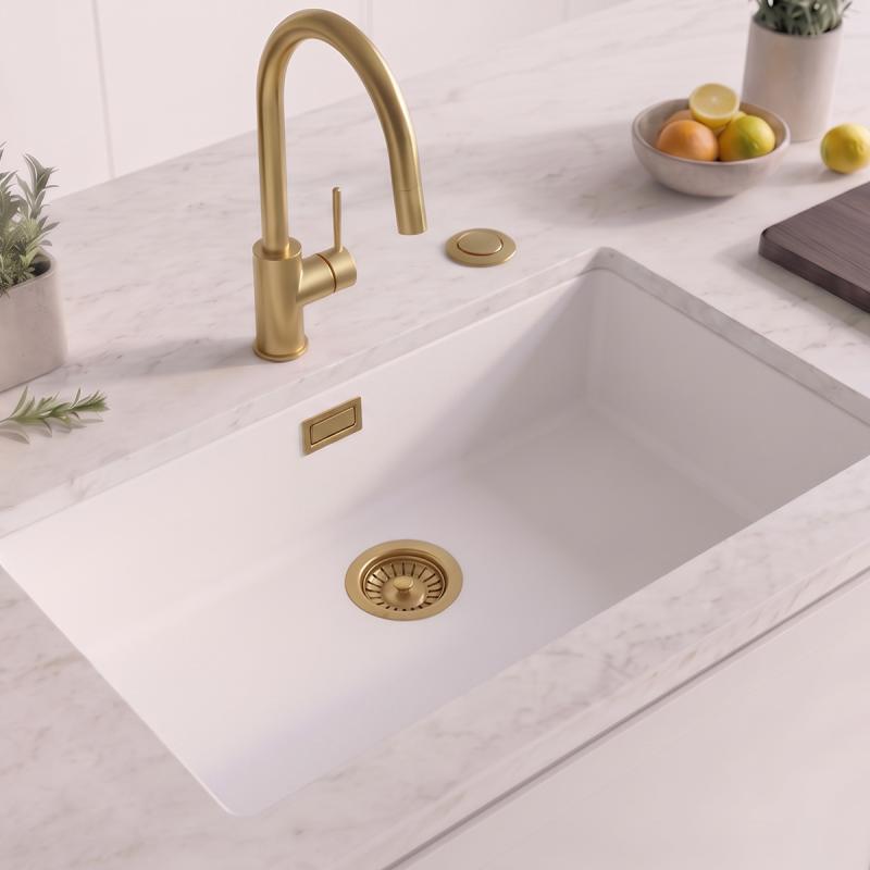 Wit grote spoelbak 70x40cm onderbouw en opbouw met automatische gouden plug 1208971907
