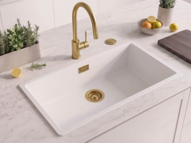 Wit grote spoelbak 70x40cm onderbouw en opbouw met automatische gouden plug 1208971907