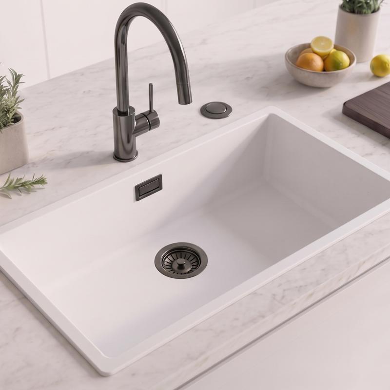 Wit grote spoelbak 70x40cm onderbouw en opbouw met automatische gun metal plug 1208971908