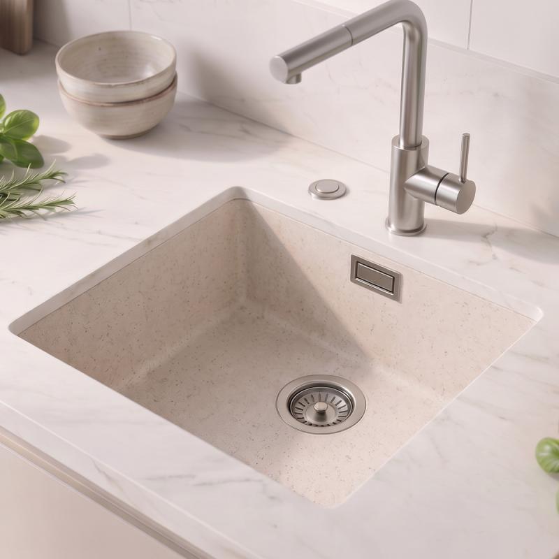 Zand witte spoelbak 40x40cm onderbouw en opbouw met automatische RVS plug 1208971925