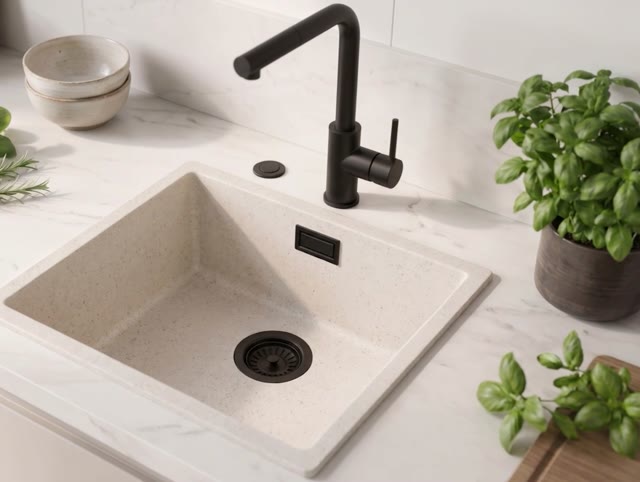 Zand witte spoelbak 40x40cm onderbouw en opbouw  met automatische zwarte plug 1208971926