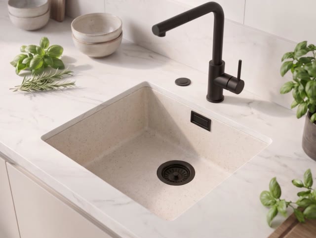 Zand witte spoelbak 40x40cm onderbouw en opbouw  met automatische zwarte plug 1208971926