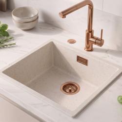 Lavello bianco sabbia 40x40 cm, da incasso e da appoggio, con tappo automatico in rame 1208971927