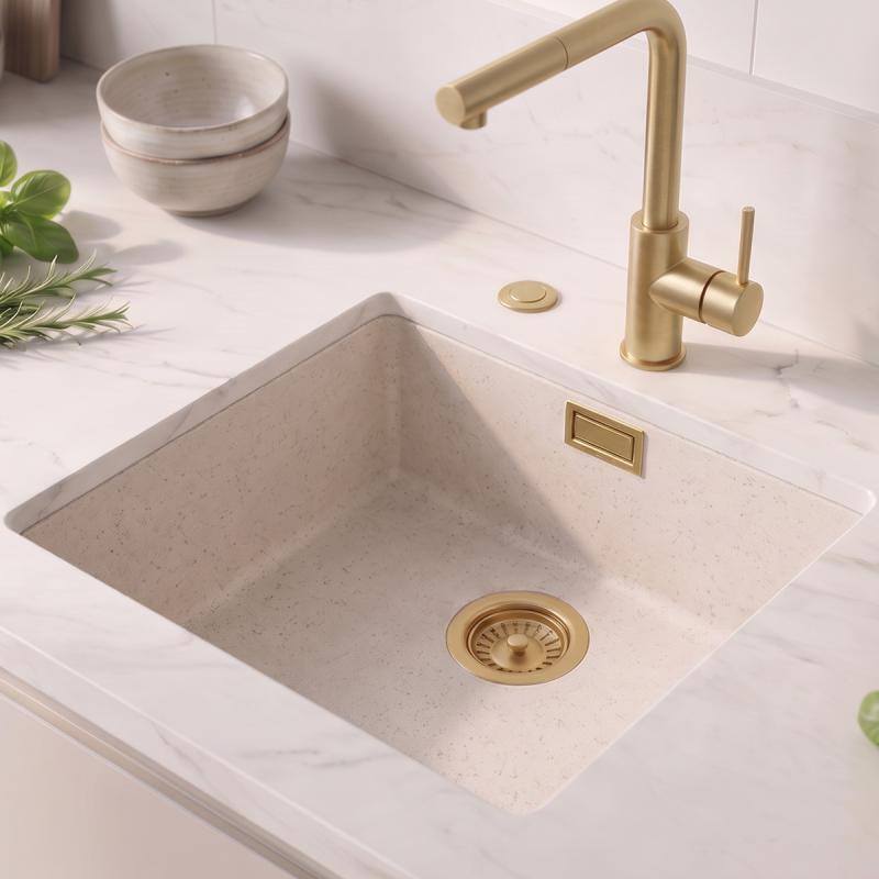 Zand witte spoelbak 40x40cm onderbouw en opbouw met automatische gouden plug 1208971928