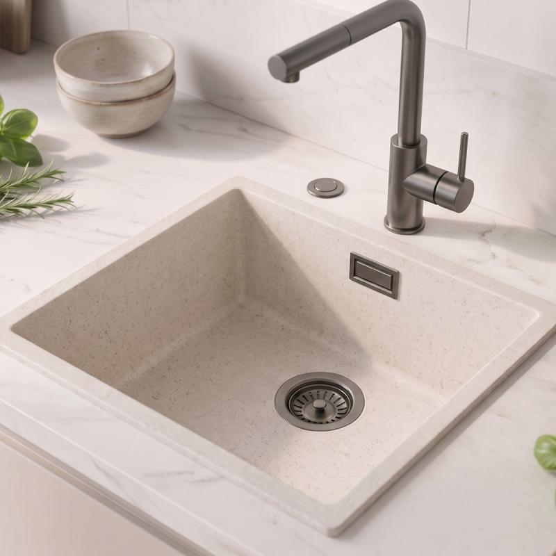 Zand witte spoelbak 40x40cm onderbouw en opbouw met automatische gun metal plug 1208971929