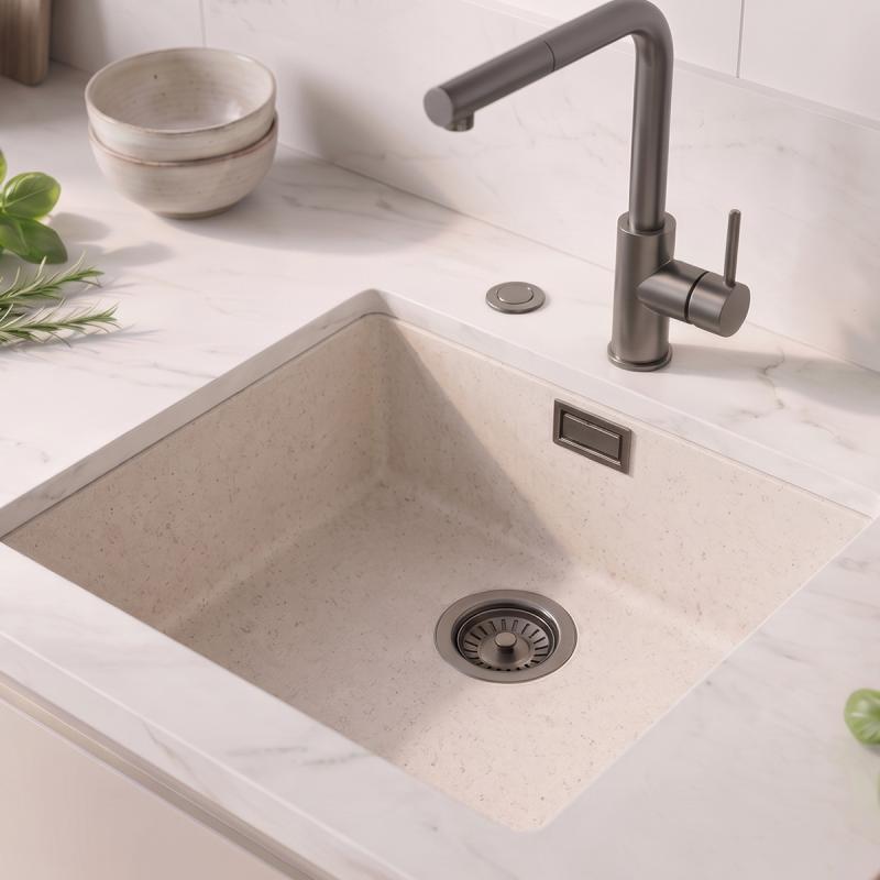Zand witte spoelbak 40x40cm onderbouw en opbouw met automatische gun metal plug 1208971929