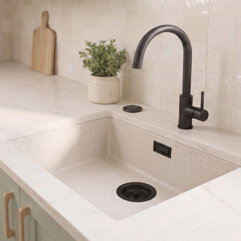Zand witte spoelbak 50x40cm onderbouw en opbouw met automatische zwarte plug 1208971931