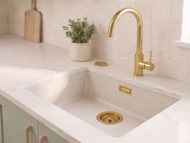 Zand witte spoelbak 50x40cm onderbouw en opbouw met automatische gouden plug 1208971933
