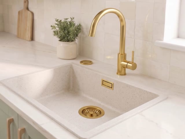 Zand witte spoelbak 50x40cm onderbouw en opbouw met automatische gouden plug 1208971933