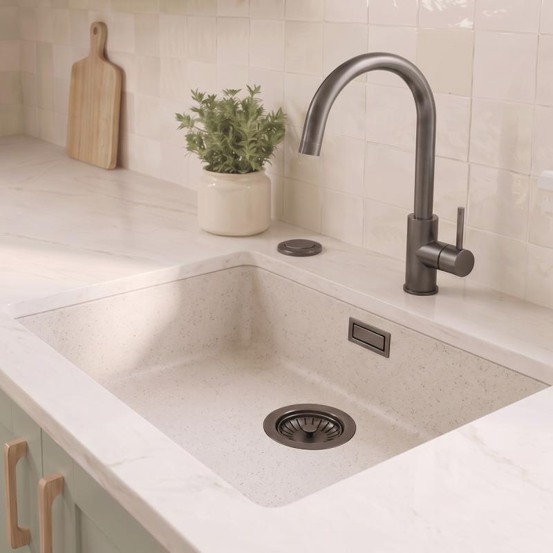 Zand witte spoelbak 50x40cm onderbouw en opbouw met automatische gun metal plug 1208971934