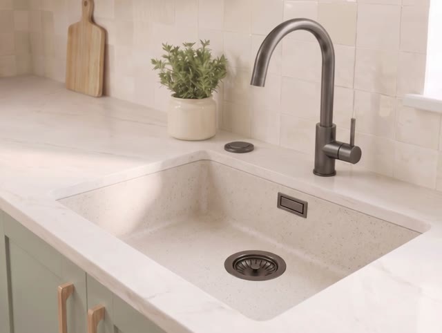 Zand witte spoelbak 50x40cm onderbouw en opbouw met automatische gun metal plug 1208971934