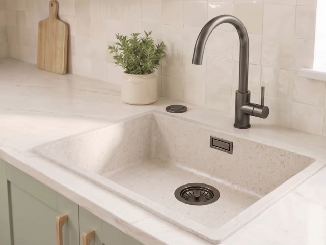 Zand witte spoelbak 50x40cm onderbouw en opbouw met automatische gun metal plug 1208971934