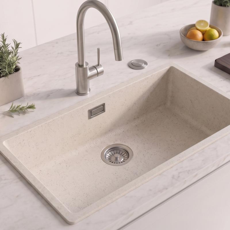 Zand wit grote spoelbak 70x40cm onderbouw en opbouw met automatische RVS plug 1208971935