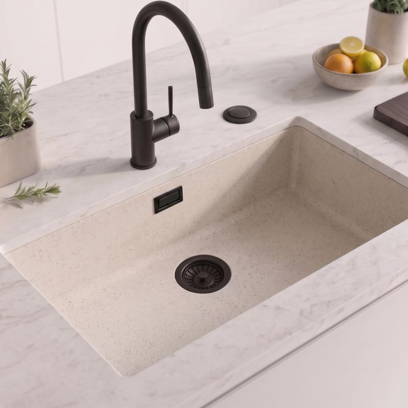 Zand wit grote spoelbak 70x40cm onderbouw en opbouw met automatische zwarte plug 1208971936