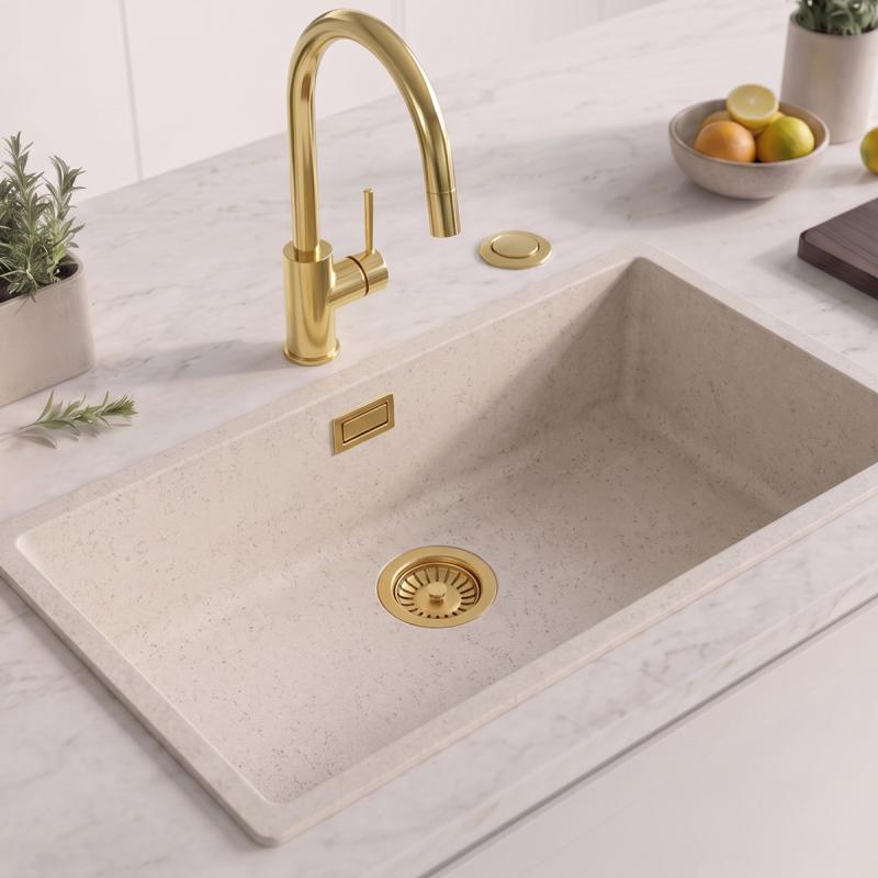 Zand wit grote spoelbak 70x40cm onderbouw en opbouw met automatische gouden plug 1208971938