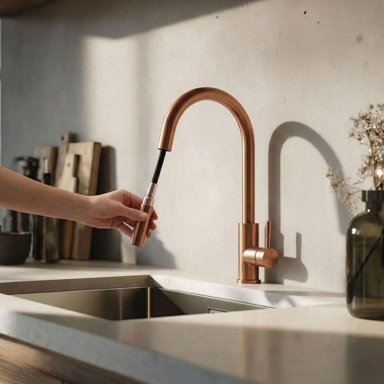 Pure.Sink Elite Steel Stream-S keittiöhana PVD-kupari irrotettavalla juoksuputkella PS8045-62