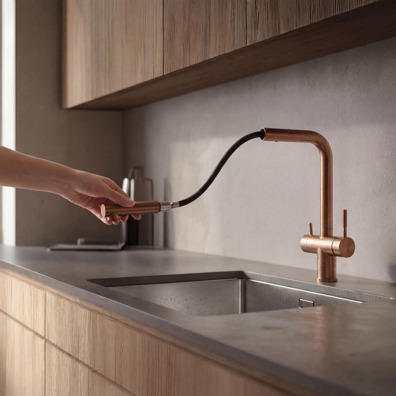 Pure.Sink Elite Steel Clear-S PVD Copper 3-way Kitchen Faucet with Pull-out Spout and Filtered Water PS8120-62
