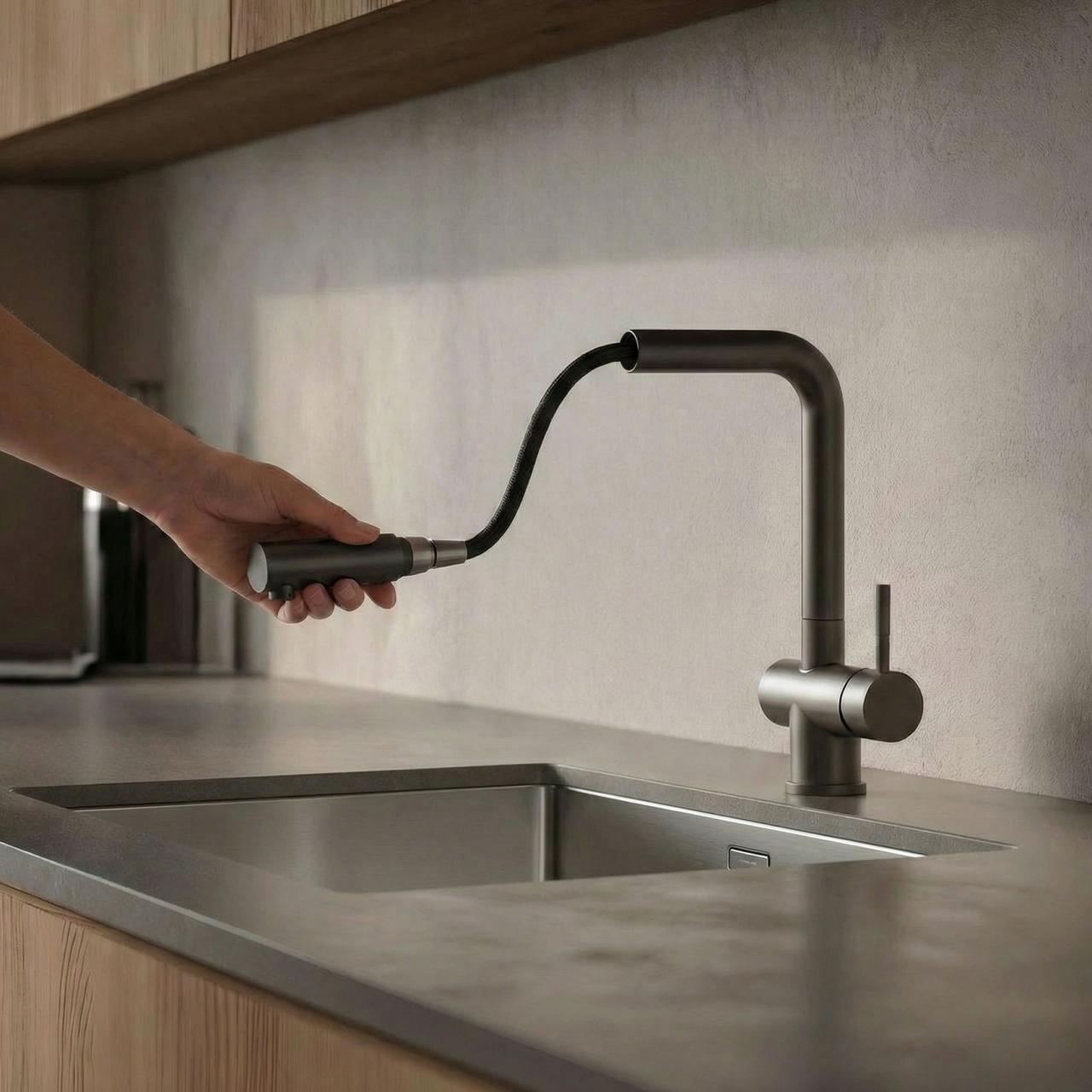 Pure.Sink Elite Steel Pulse-S Kitchen Faucet, PVD Gunmetal with Pull-Out Spout, PS8500-61