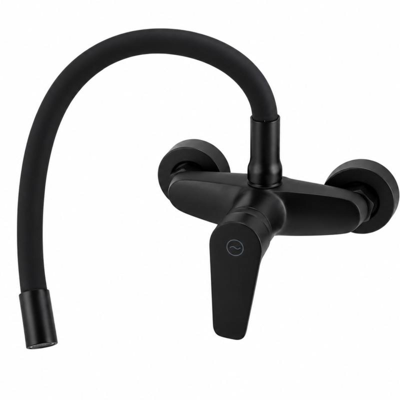 Aquanello Casa Muur Keukenkraan Zwart met Hoge Flexibele Uitloop BL-1301-CS