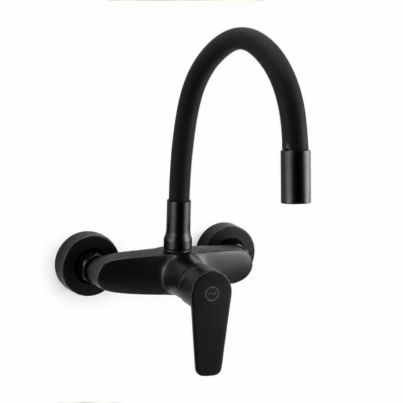 Aquanello Casa Muur Keukenkraan Zwart met Hoge Flexibele Uitloop BL-1301-CS