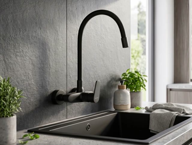 Aquanello Casa Muur Keukenkraan Zwart met Hoge Flexibele Uitloop BL-1301-CS