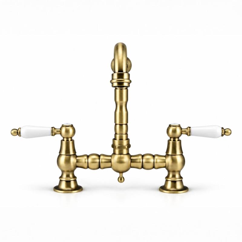 Aquanello Heritage Manor Klassieke Keuken Nostalgische Brug Keukenkraan Brons met Witte Hendel BN-0010-HM