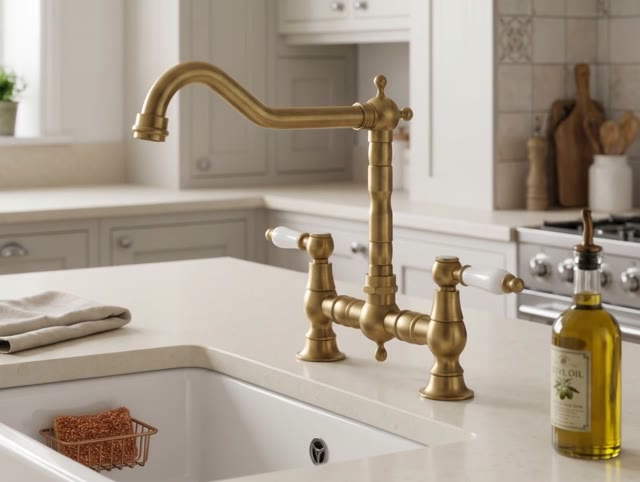 Aquanello Heritage Manor Klassieke Keuken Nostalgische Brug Keukenkraan Brons met Witte Hendel BN-0010-HM