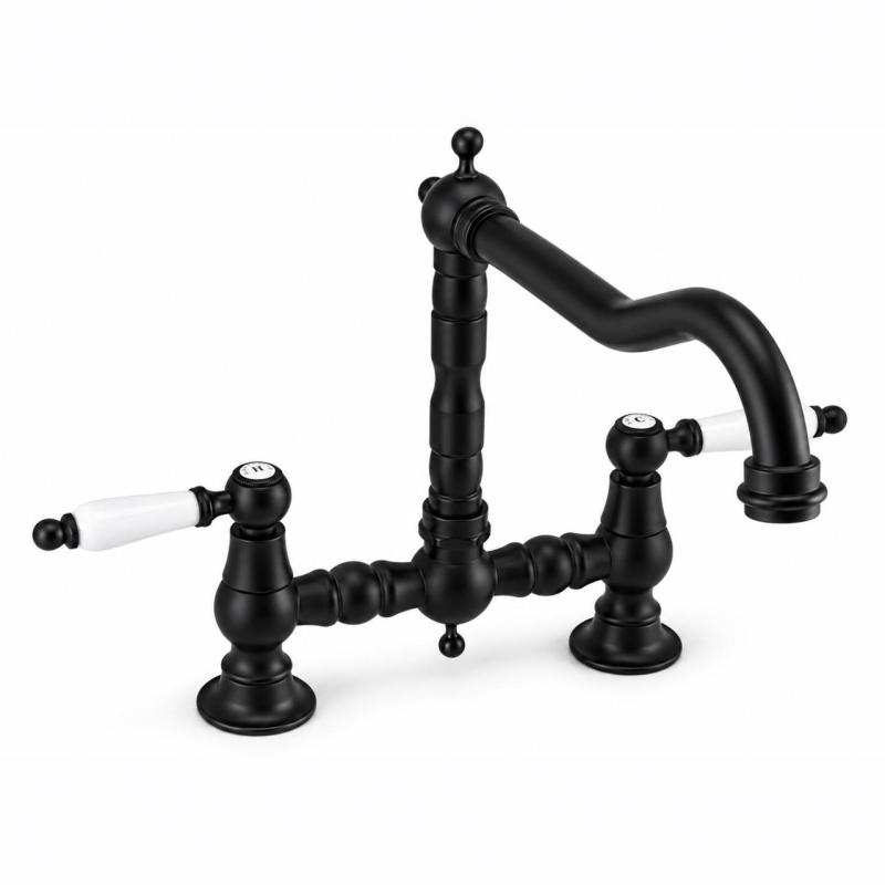 Aquanello Heritage Manor Klassieke Keuken Nostalgische Brug Keukenkraan Zwart met Witte Hendel BL-0010-HM