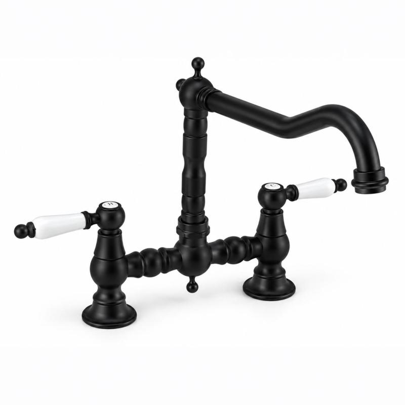 Aquanello Heritage Manor Klassieke Keuken Nostalgische Brug Keukenkraan Zwart met Witte Hendel BL-0010-HM