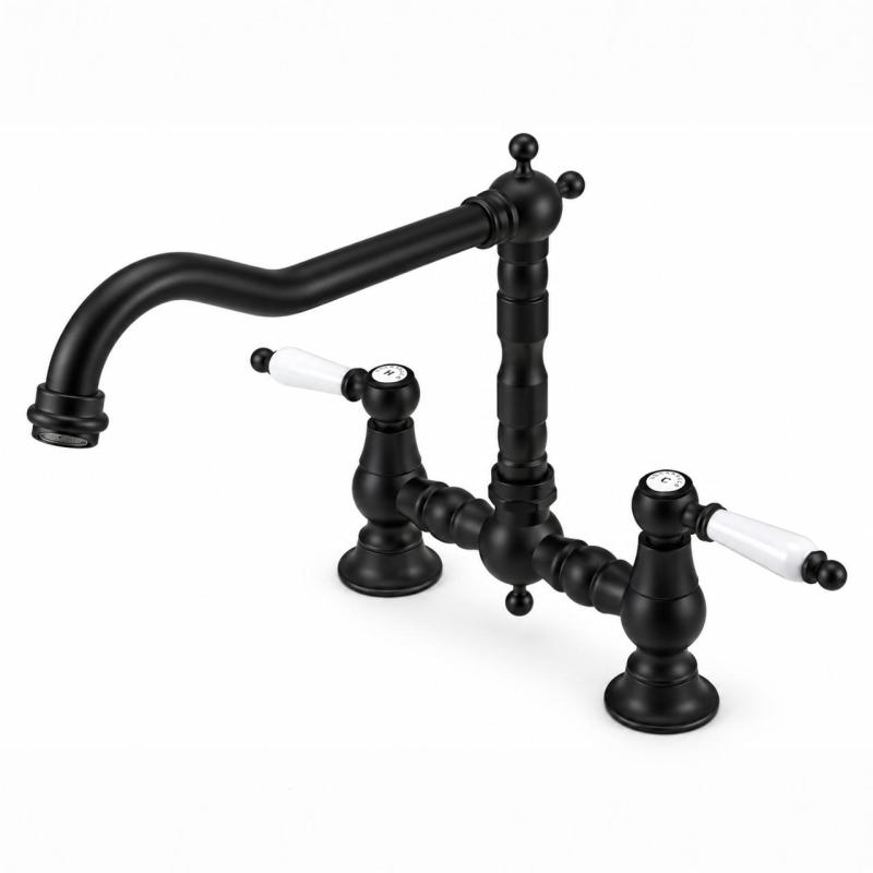 Aquanello Heritage Manor Klassieke Keuken Nostalgische Brug Keukenkraan Zwart met Witte Hendel BL-0010-HM