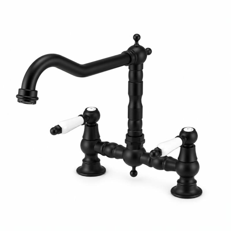 Aquanello Heritage Manor Klassieke Keuken Nostalgische Brug Keukenkraan Zwart met Witte Hendel BL-0010-HM
