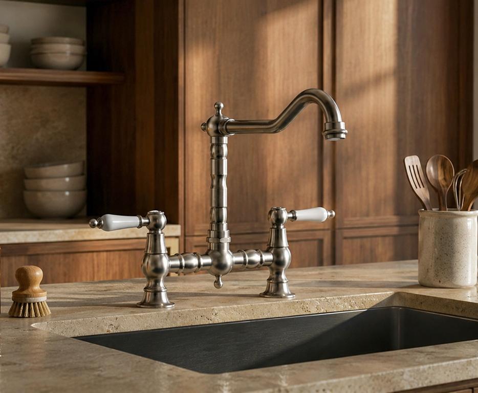Aquanello Heritage Manor Nostalgische Brugkeukenkraan RVS-Look met Witte Hendels NB-0010-HM