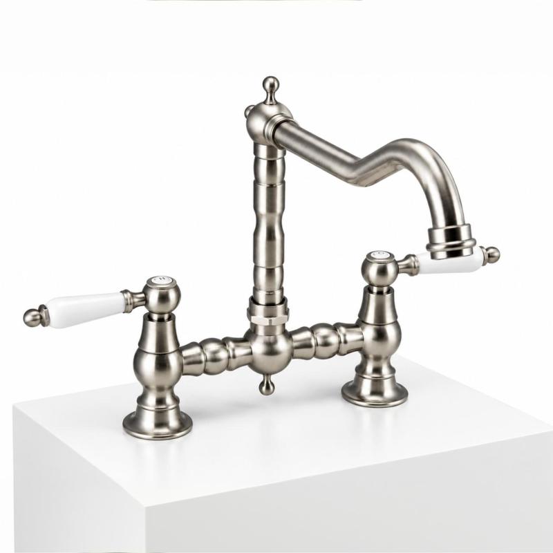 Aquanello Heritage Manor Klassieke Keuken Nostalgische Brug Keukenkraan RVS met Witte Hendel NB-0010-HM