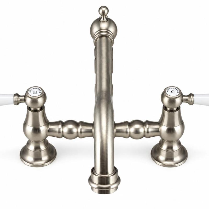 Aquanello Heritage Manor Klassieke Keuken Nostalgische Brug Keukenkraan RVS met Witte Hendel NB-0010-HM