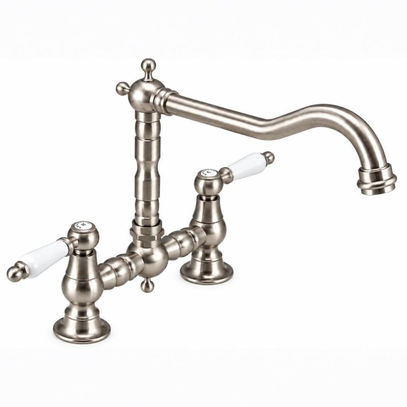 Aquanello Heritage Manor Klassieke Keuken Nostalgische Brug Keukenkraan RVS met Witte Hendel NB-0010-HM