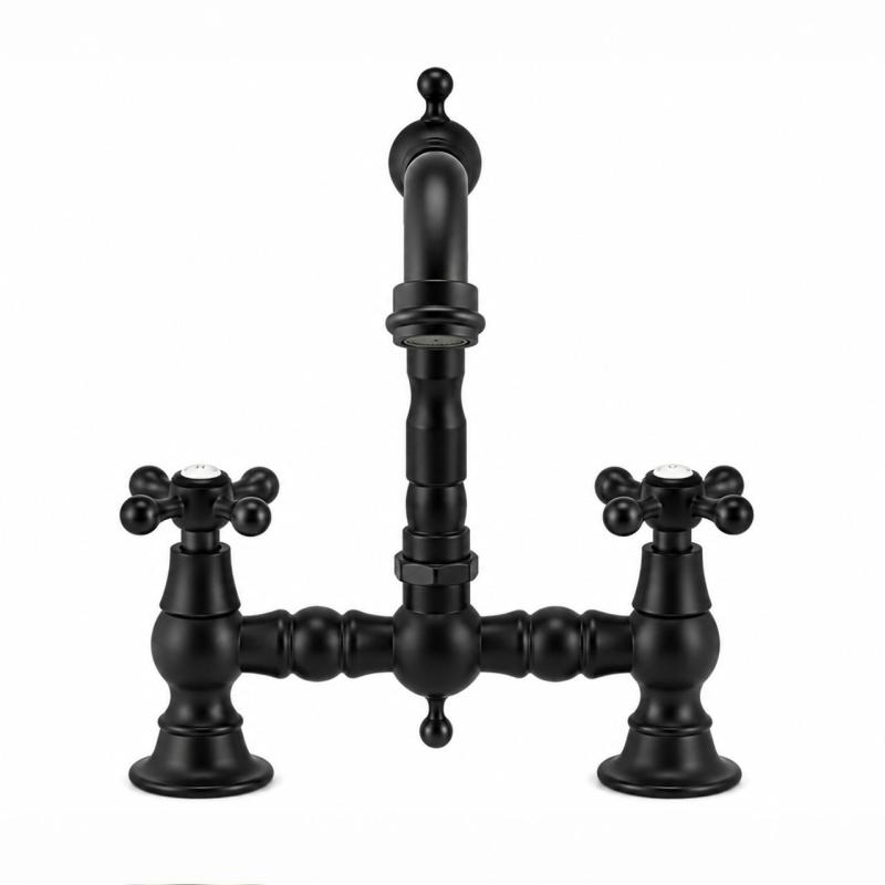Aquanello Heritage Ascot Klassieke Keuken Nostalgische Brug Keukenkraan Zwart met Kruishendels BL-0011-HM