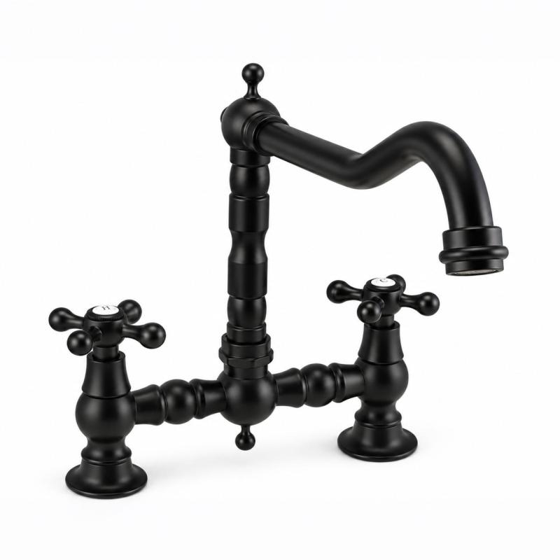 Aquanello Heritage Ascot Klassieke Keuken Nostalgische Brug Keukenkraan Zwart met Kruishendels BL-0011-HM