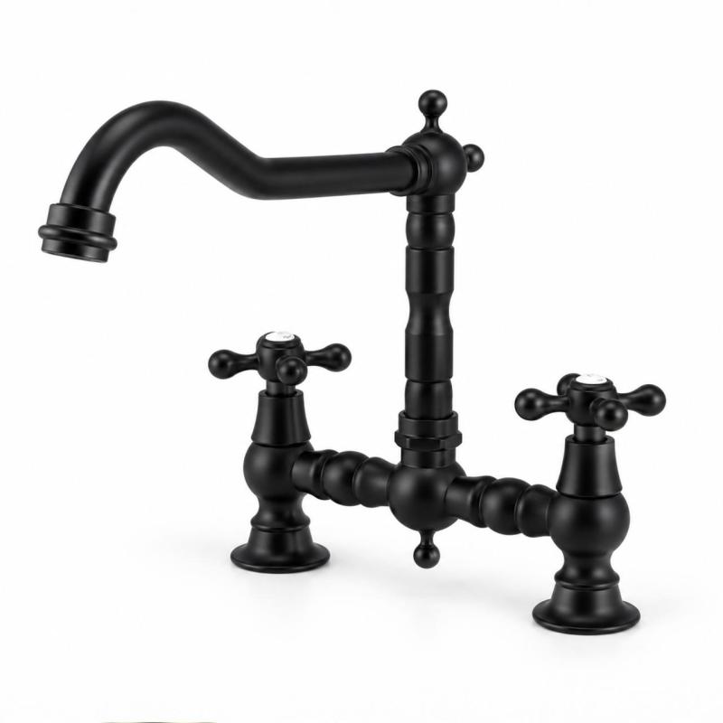 Aquanello Heritage Ascot Klassieke Keuken Nostalgische Brug Keukenkraan Zwart met Kruishendels BL-0011-HM