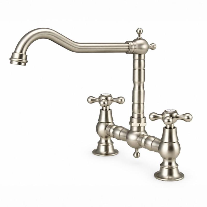 Aquanello Heritage Ascot Klassieke Keuken Nostalgische Brug Keukenkraan RVS met Kruishendels NB-0011-HM