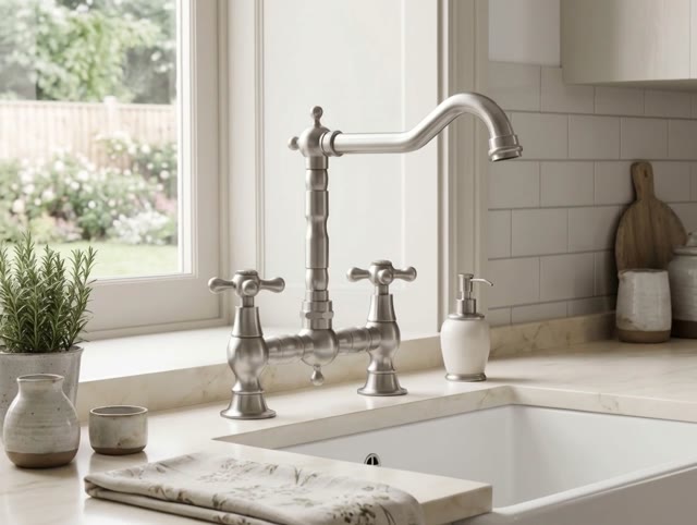 Aquanello Heritage Ascot Klassieke Keuken Nostalgische Brug Keukenkraan RVS met Kruishendels NB-0011-HM